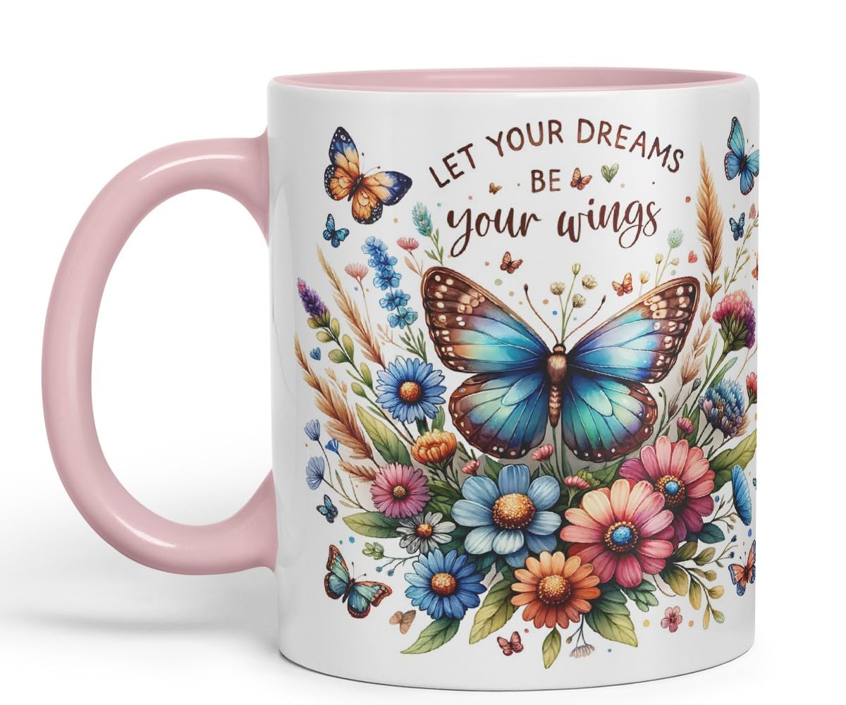 Vixar Let Your Dreams Be Your Wings Butterfly Coloured Mug Cup Floral Inspirational Gift 11oz (Black)
