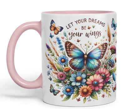 Vixar Let Your Dreams Be Your Wings Butterfly Coloured Mug Cup Floral Inspirational Gift 11oz (Black)