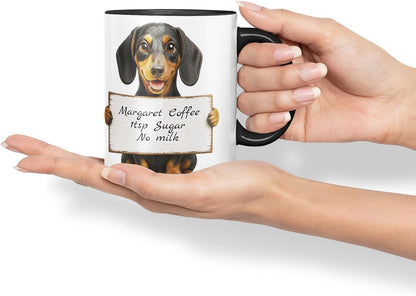 Vixar Personalised Dachshund Dog Pet Mug with Name or Custom Message – Cute Animal Coloured Ceramic Mug Cup Gift, 11oz (Black)