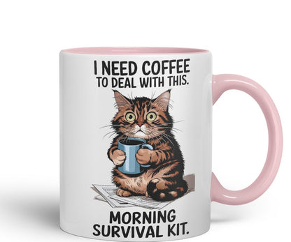 Vixar I Need Coffee to Deal with This Morning Survival Kit Cat Mug – Coloured Ceramic Mug Cup Gift, 11oz (Black)
