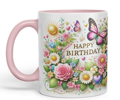 Vixar Happy Birthday Sun Roses Butterflies Coloured Ceramic Mug Cup Gift 11oz V14 (Black)