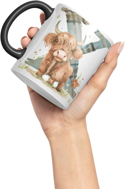 Vixar Highland Cow Alphabet Monogram Coloured Ceramic Cup Mug – Letter X – Rustic Farmhouse Animal Letter Gift – 11oz (Black)