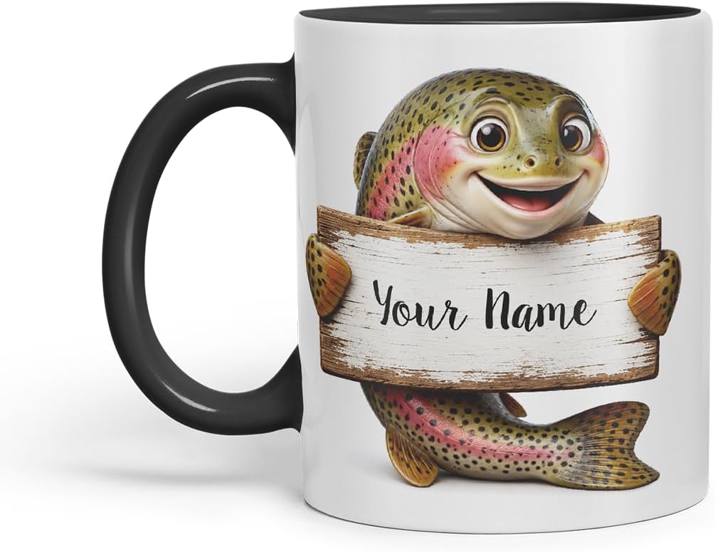 Vixar Personalised Trout Fish Mug with Name or Custom Message – Cute Animal Coloured Ceramic Mug Cup Gift, 11oz (Black)