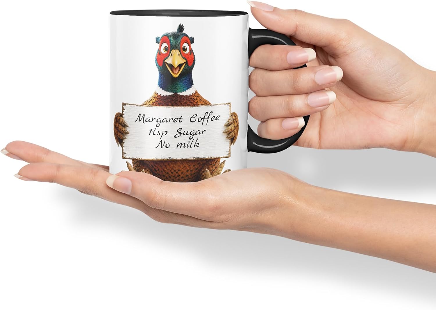Vixar Personalised Pheasant Mug with Name or Custom Message – Cute Animal Coloured Ceramic Mug Cup Gift, 11oz (Black)
