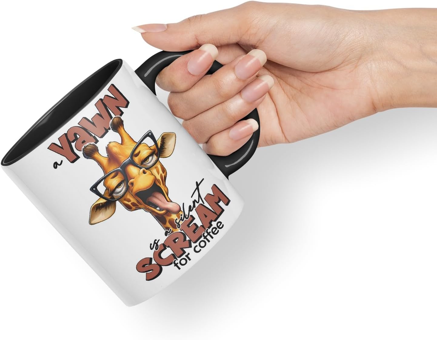 Vixar A Yawn is a Silent Scream for Coffee Giraffe Coloured Ceramic Mug Cup 11oz Funny Sarcastic Gift (Black)