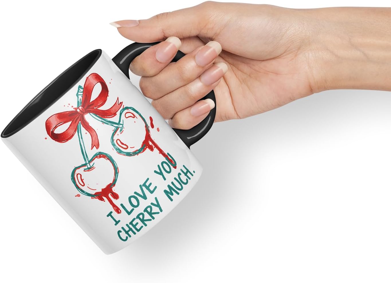 Vixar I Love You Cherry Much Mug – Coloured Ceramic Mug Cup Gift, 11oz (Black)