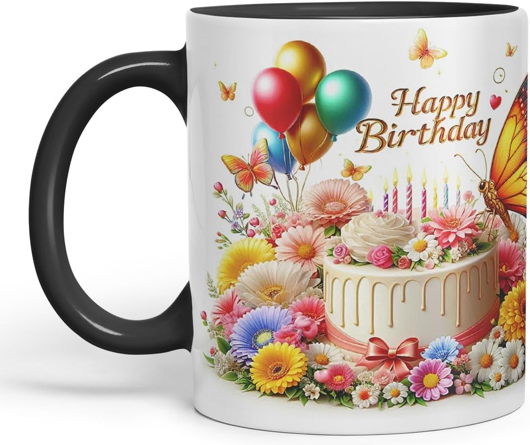 Vixar Happy Birthday Cake and Balloons Coloured Ceramic Mug Cup Gift 11oz V3 (Black)