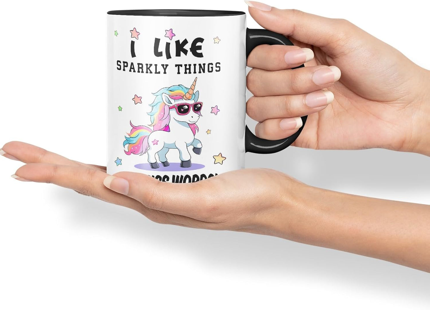 Vixar I Like Sparkly Things and Coffee – Funny Unicorn Coloured Mug Cup 11oz (Black)