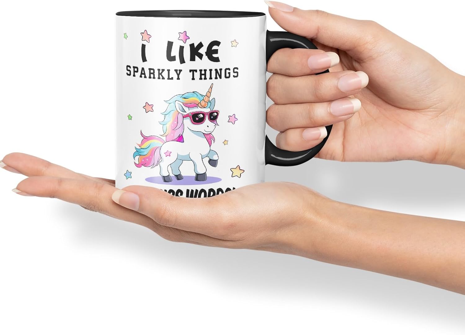 Vixar I Like Sparkly Things and Coffee – Funny Unicorn Coloured Mug Cup 11oz (Black)