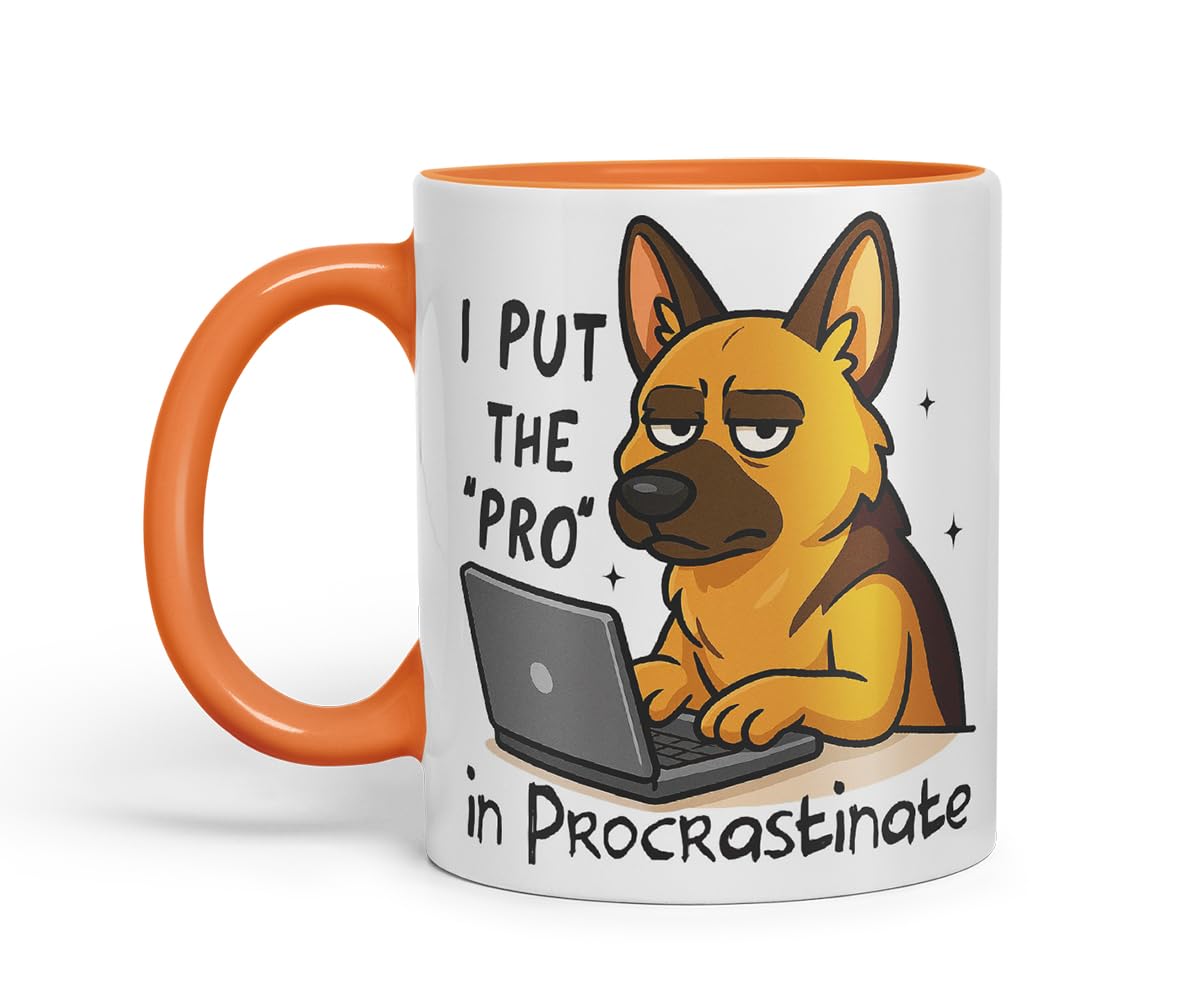 Vixar I Put The Pro in Procrastinate German Shepherd Dog Mug – Coloured Ceramic Mug Cup Gift, 11oz (Black)