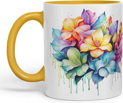 Vixar Gardenia Classic Floral Mug Coloured Ceramic Mug Cup Gift, 11oz (Gold Yellow)