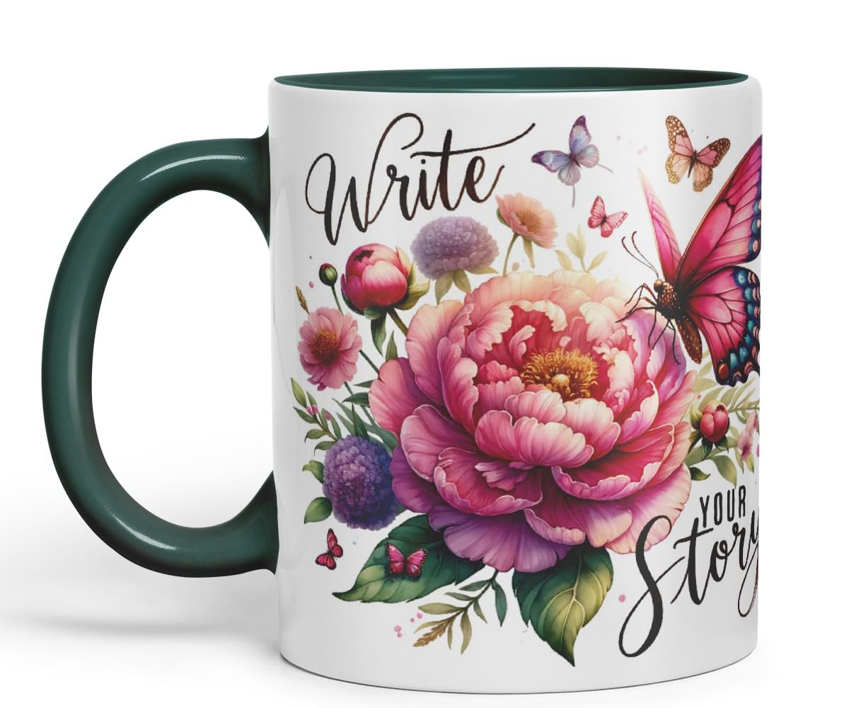 Vixar Write Your Story Butterfly Coloured Mug Cup Floral Inspirational Gift 11oz (Black)