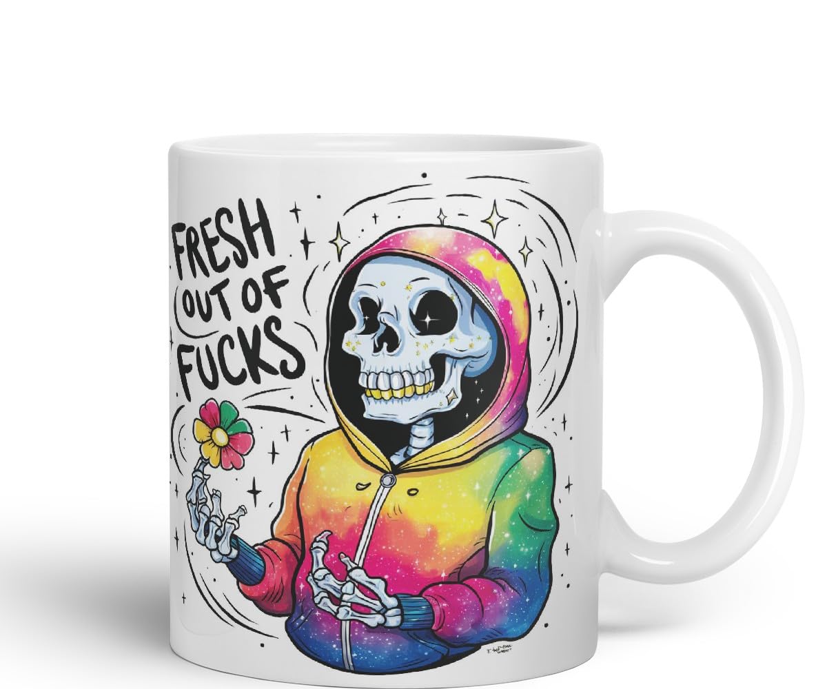 Vixar Fresh Out of Fs (Skeleton Hoodie) – Coloured Ceramic Mug Cup Gift, 11oz (Black)