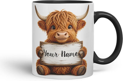 Vixar Personalised Highland Cow Mug with Name or Custom Message – Cute Animal Coloured Ceramic Mug Cup Gift, 11oz (Black)