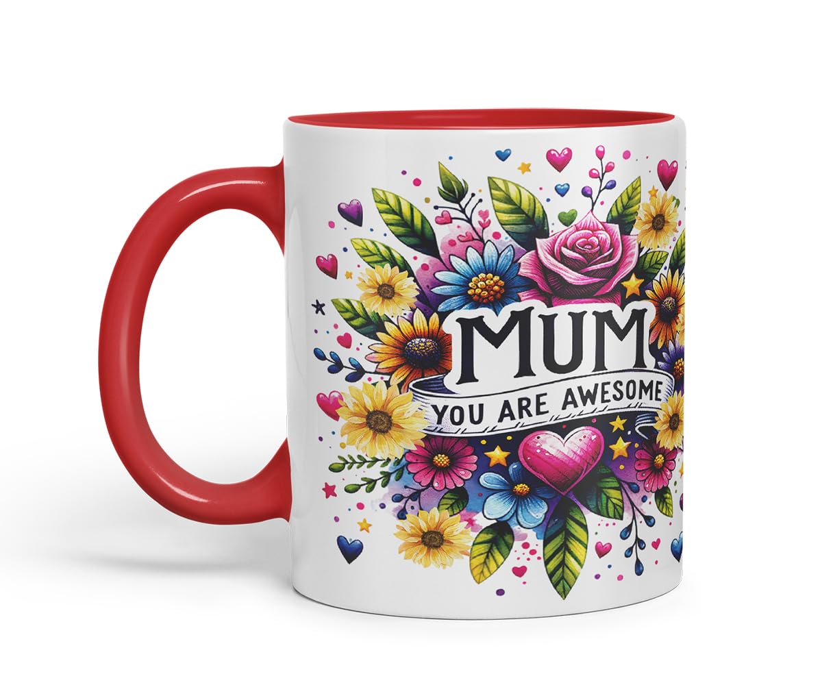 Vixar Mum You are Awesome Floral Mug – Coloured Ceramic Mug Cup Gift, 11oz (Black)