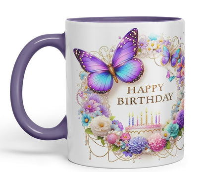 Vixar Happy Birthday Pastel Cake Florals Coloured Ceramic Mug Cup Gift 11oz V6 (Black)