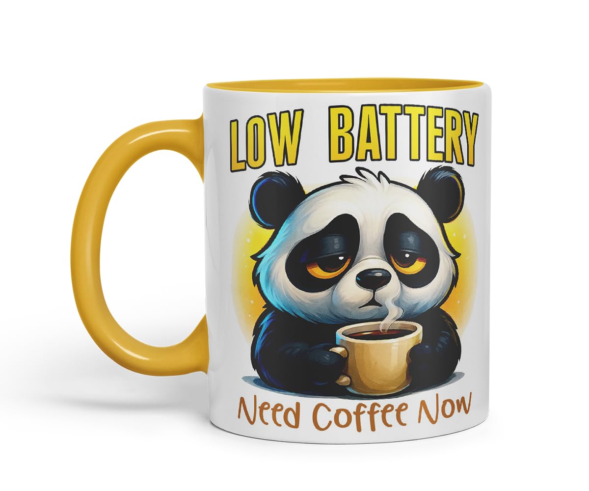 Vixar Low Battery Need Coffee Now Funny Panda Mug – Coloured Ceramic Mug Cup Gift, 11oz (Black)
