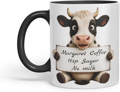 Vixar Personalised Cow Mug with Name or Custom Message – Cute Animal Coloured Ceramic Mug Cup Gift, 11oz (Black)