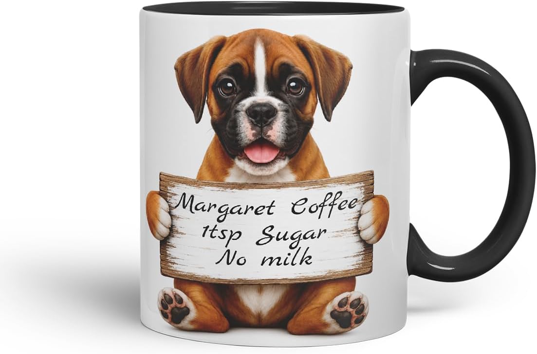 Vixar Personalised Boxer Dog Mug with Name or Custom Message – Cute Animal Coloured Ceramic Mug Cup Gift, 11oz (Black)
