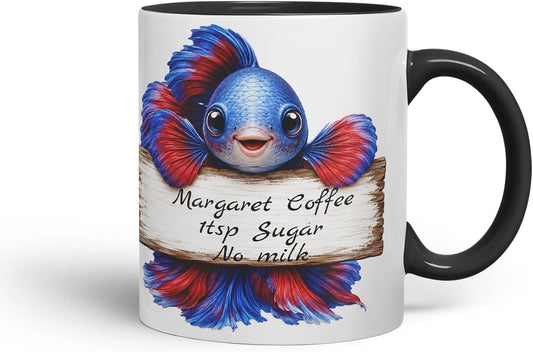 Vixar Personalised Betta Fish Mug with Name or Custom Message – Cute Animal Coloured Ceramic Mug Cup Gift, 11oz (Black)