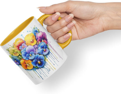 Vixar Pansy Cottage Garden Mug Coloured Ceramic Mug Cup Gift, 11oz (Gold Yellow)