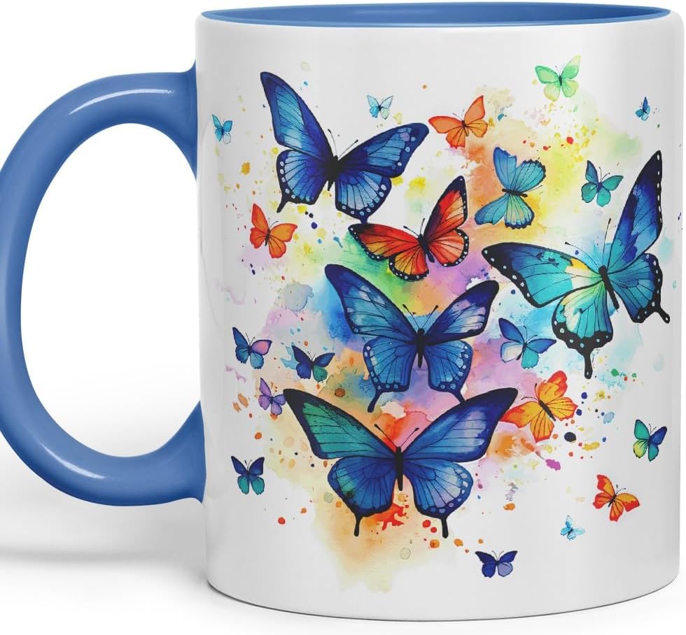 Vixar Ceramic Mug “Blue Butterflies” – Coloured Coffee & Tea Mug Cup 11oz 330ml (Cambridge Blue)
