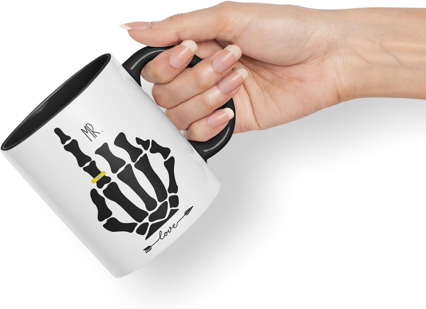 Vixar Mr Skeleton Hand Wedding Ring Couple Mug – Coloured Ceramic Mug Cup Gift, 11oz (Black)