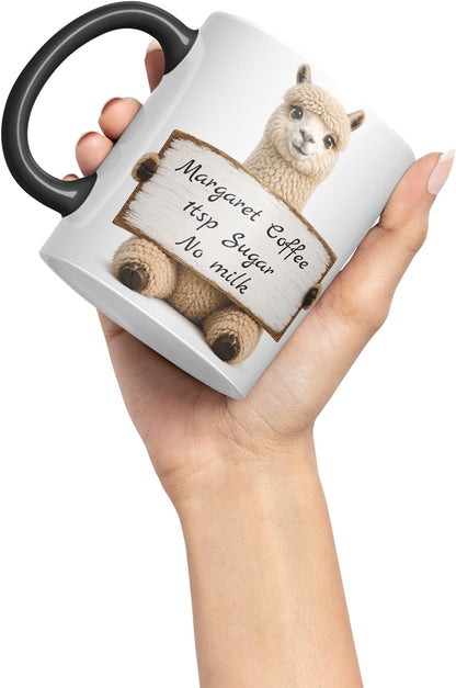 Vixar Personalised Alpaca Mug with Name or Custom Message – Cute Animal Coloured Ceramic Mug Cup Gift, 11oz (Black)