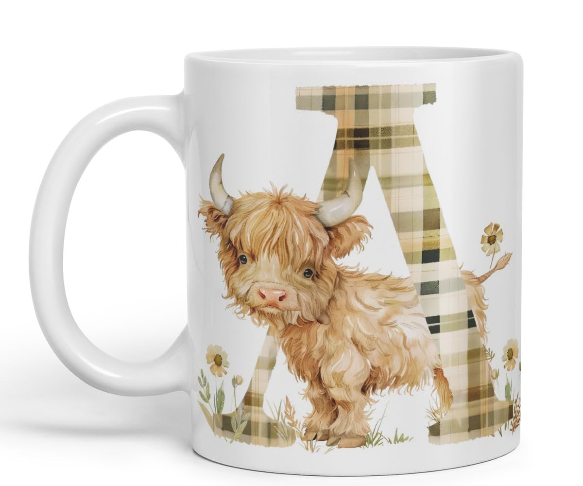 Vixar Highland Cow Alphabet Monogram Coloured Ceramic Cup Mug – Letter A – Rustic Farmhouse Animal Letter Gift – 11oz (Black)