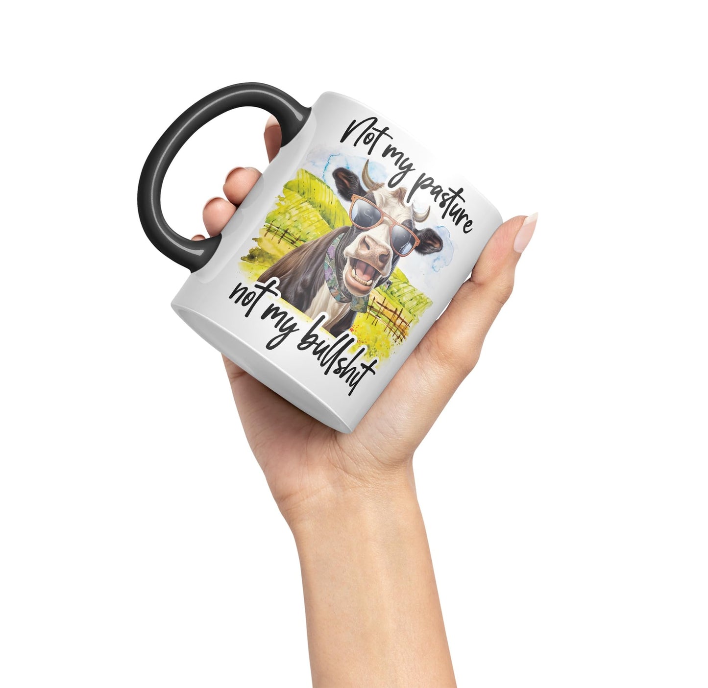 Not My Pasture, not My Bullshit Cow Joke sarkasm Sarcastic Ceramic Coloured Mug Cup for Tea Coffee Hot Brew 330ml 11Oz Gift