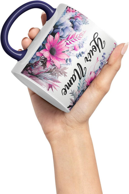 Vixar Personalised Purple Floral Mug – Custom Your Name Coloured Ceramic Mug Cup Gift, 11oz (Black)