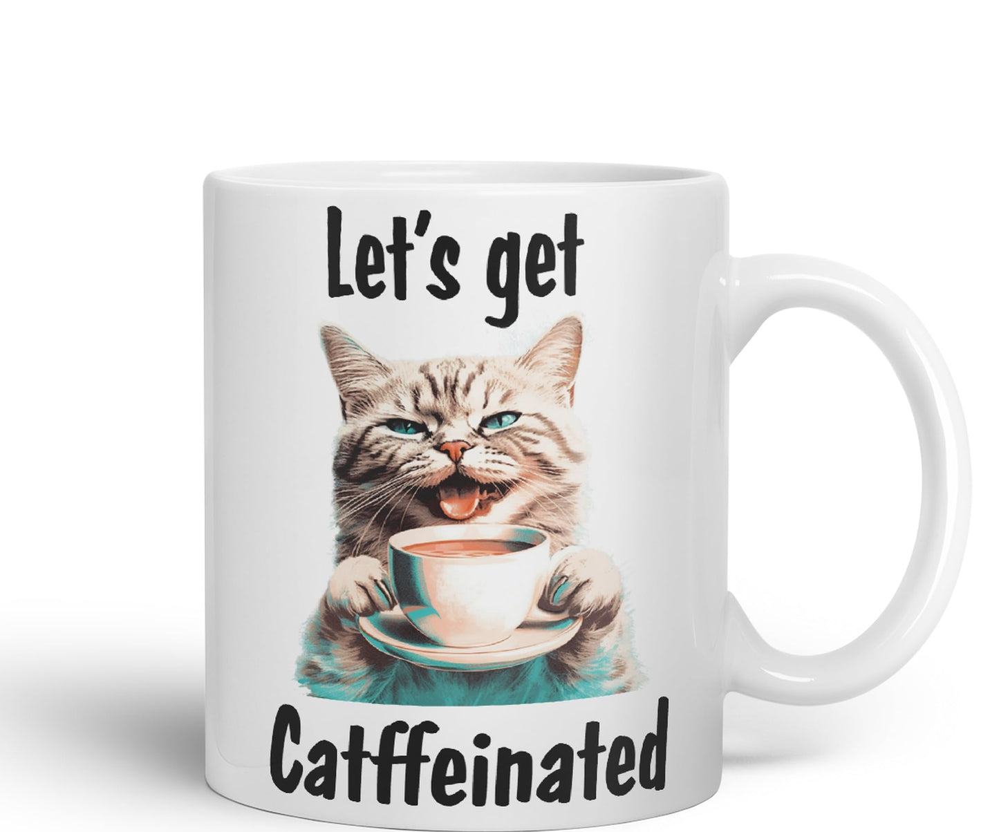 Let's get Caffeinated cat Kitten Joke sarkasm Sarcastic Ceramic Coloured Mug Cup for Tea Coffee Hot Brew 330ml 11Oz Gift