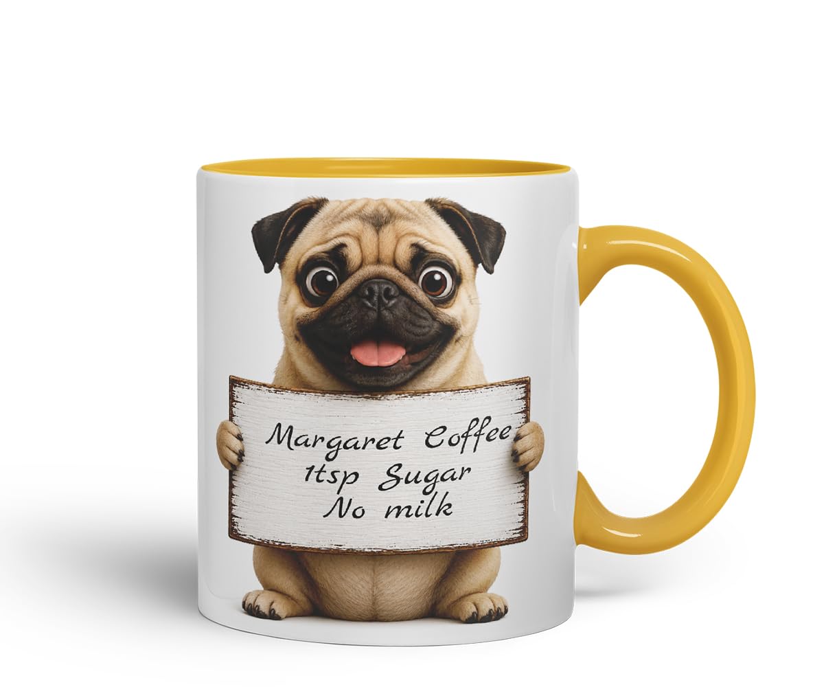 Vixar Personalised Pug Mug with Name or Custom Message – Cute Animal Coloured Ceramic Mug Cup Gift, 11oz (Black)