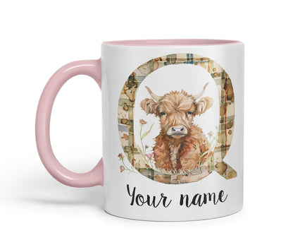 Vixar Personalised Highland Cow Initial Letter Q Custom Name Mug – Coloured Ceramic Mug Cup Gift, 11oz (Black)
