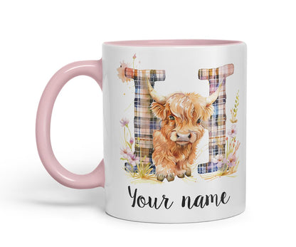 Vixar Personalised Highland Cow Initial Letter H Custom Name Mug – Coloured Ceramic Mug Cup Gift, 11oz (Black)