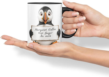 Vixar Personalised Puffin Mug with Name or Custom Message – Cute Animal Coloured Ceramic Mug Cup Gift, 11oz (Black)
