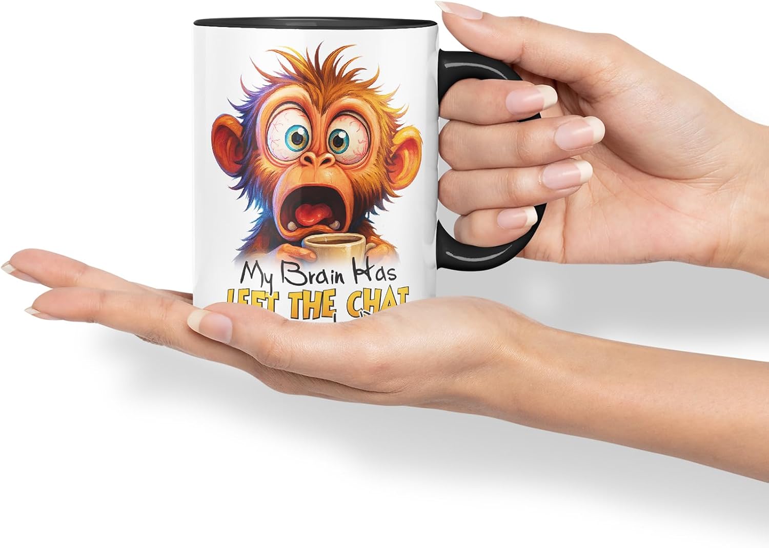 Vixar My Brain Has Left The Chat Please Hold Sarcastic Monkey – Coloured Ceramic Mug Cup Gift, 11oz (Black)