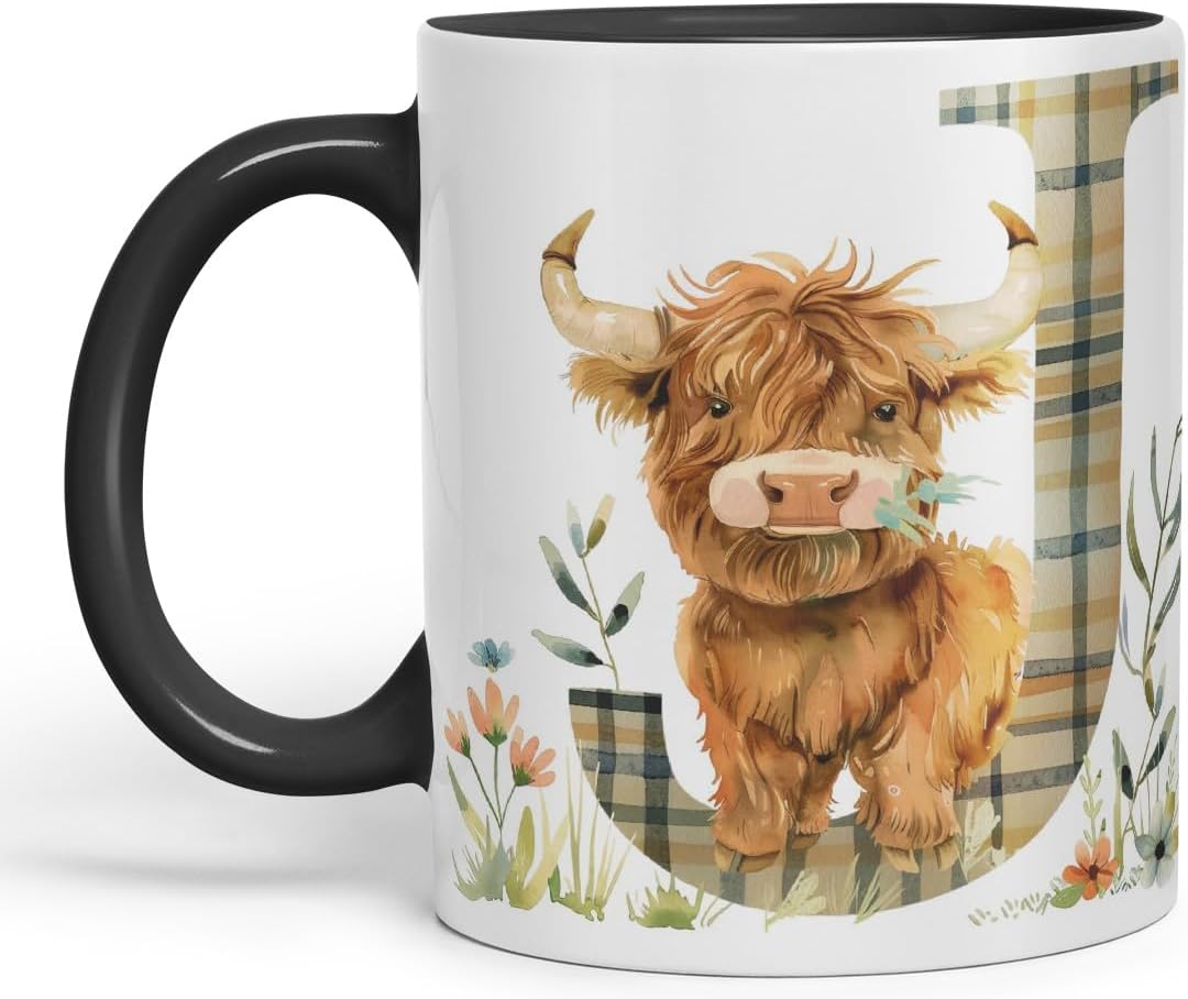 Vixar Highland Cow Alphabet Monogram Coloured Ceramic Cup Mug – Letter J – Rustic Farmhouse Animal Letter Gift – 11oz (Black)