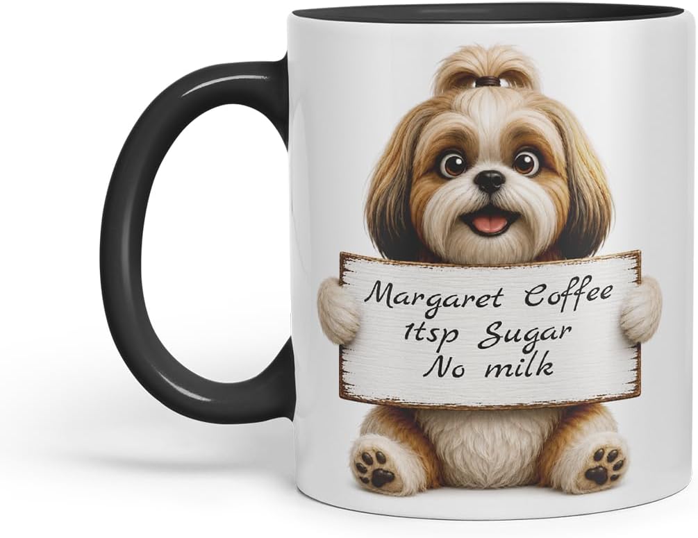 Vixar Personalised Shih Tzu Mug with Name or Custom Message – Cute Animal Coloured Ceramic Mug Cup Gift, 11oz (Black)