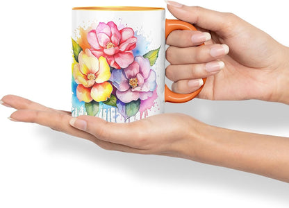 Vixar Camellia Elegant Bloom Mug Coloured Ceramic Mug Cup Gift, 11oz (Orange)