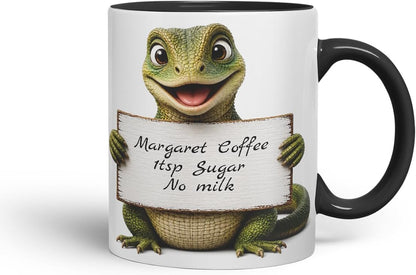 Vixar Personalised Lizard Mug with Name or Custom Message – Cute Animal Coloured Ceramic Mug Cup Gift, 11oz (Black)