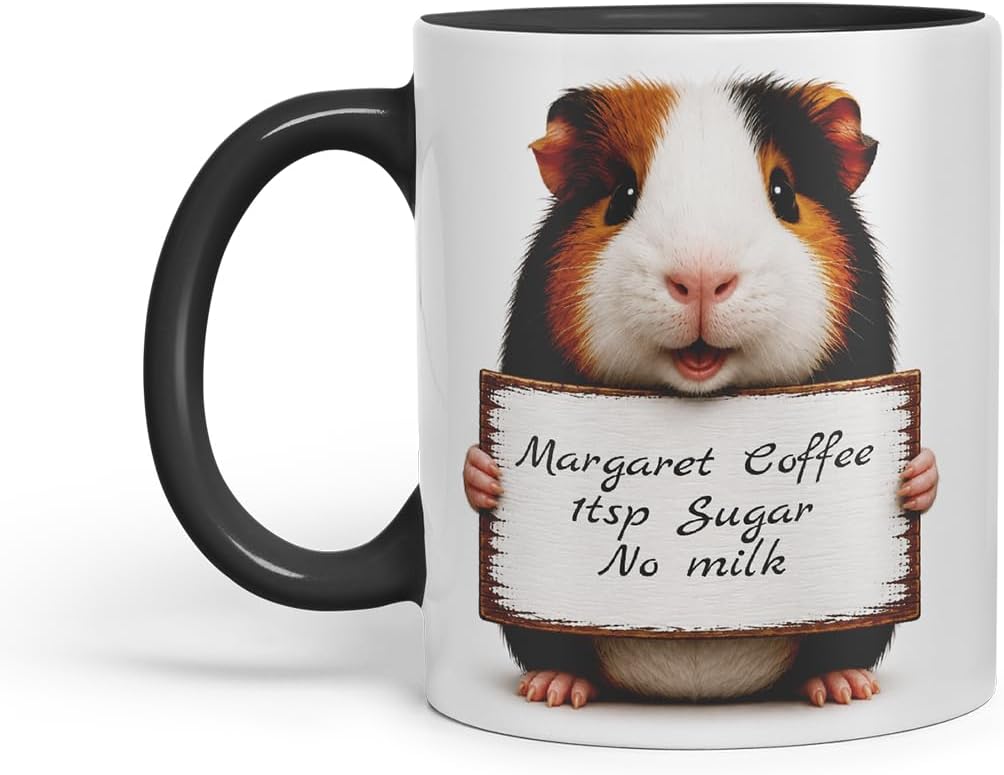 Vixar Personalised Guinea Pig Mug with Name or Custom Message – Cute Animal Coloured Ceramic Mug Cup Gift, 11oz (Black)