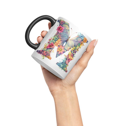 Letter M mug, Floral flowers butterfly Alphabet Letter M Monogram watercolour Ceramic Coloured Mug Cup for Tea Coffee Hot brew 330ml 11Oz Gift