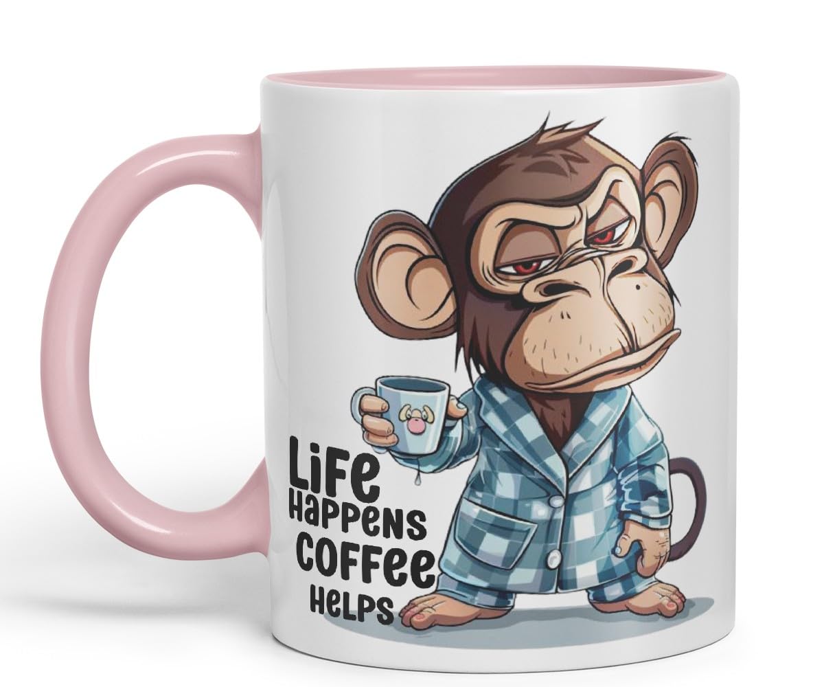 Vixar Life Happens Coffee Helps Monkey Mug – Coloured Ceramic Mug Cup Gift, 11oz (Black)