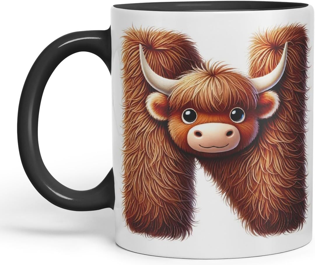 Highland Cow Alphabet Monogram Coloured Ceramic Cup Mug Letter N Rustic Farmhouse Animal Letter Gift V2 11oz (Black)