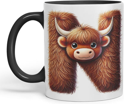 Highland Cow Alphabet Monogram Coloured Ceramic Cup Mug Letter N Rustic Farmhouse Animal Letter Gift V2 11oz (Black)