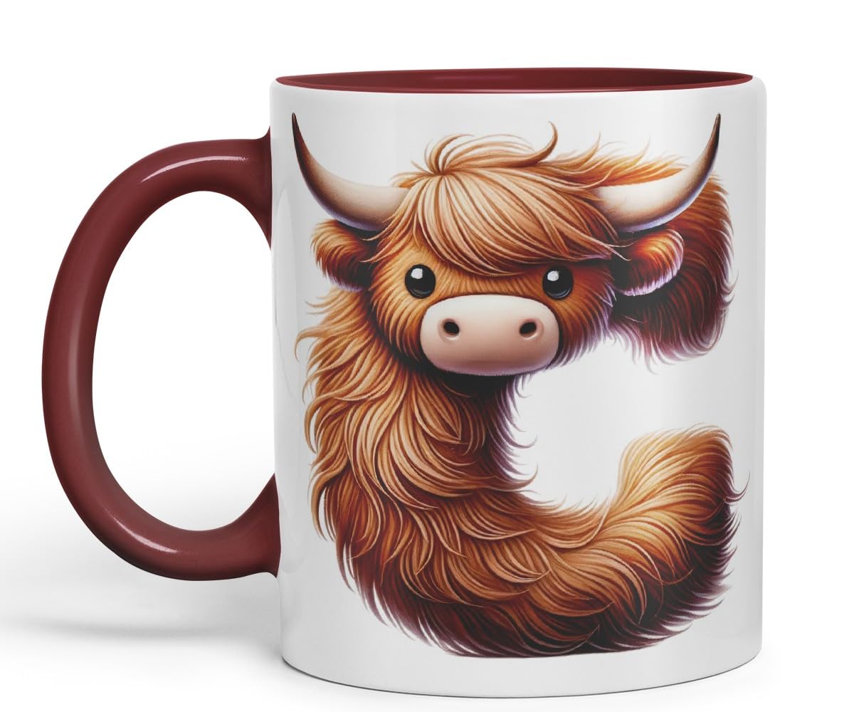 Highland Cow Alphabet Monogram Coloured Ceramic Cup Mug Letter C Rustic Farmhouse Animal Letter Gift V2 11oz (Black)