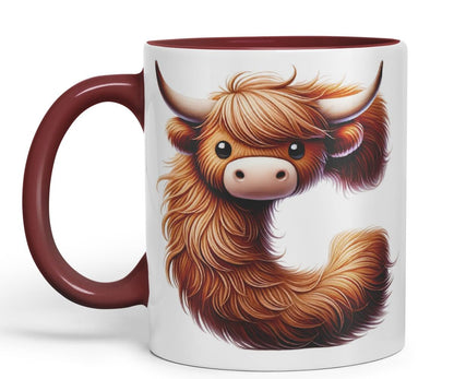 Highland Cow Alphabet Monogram Coloured Ceramic Cup Mug Letter C Rustic Farmhouse Animal Letter Gift V2 11oz (Black)