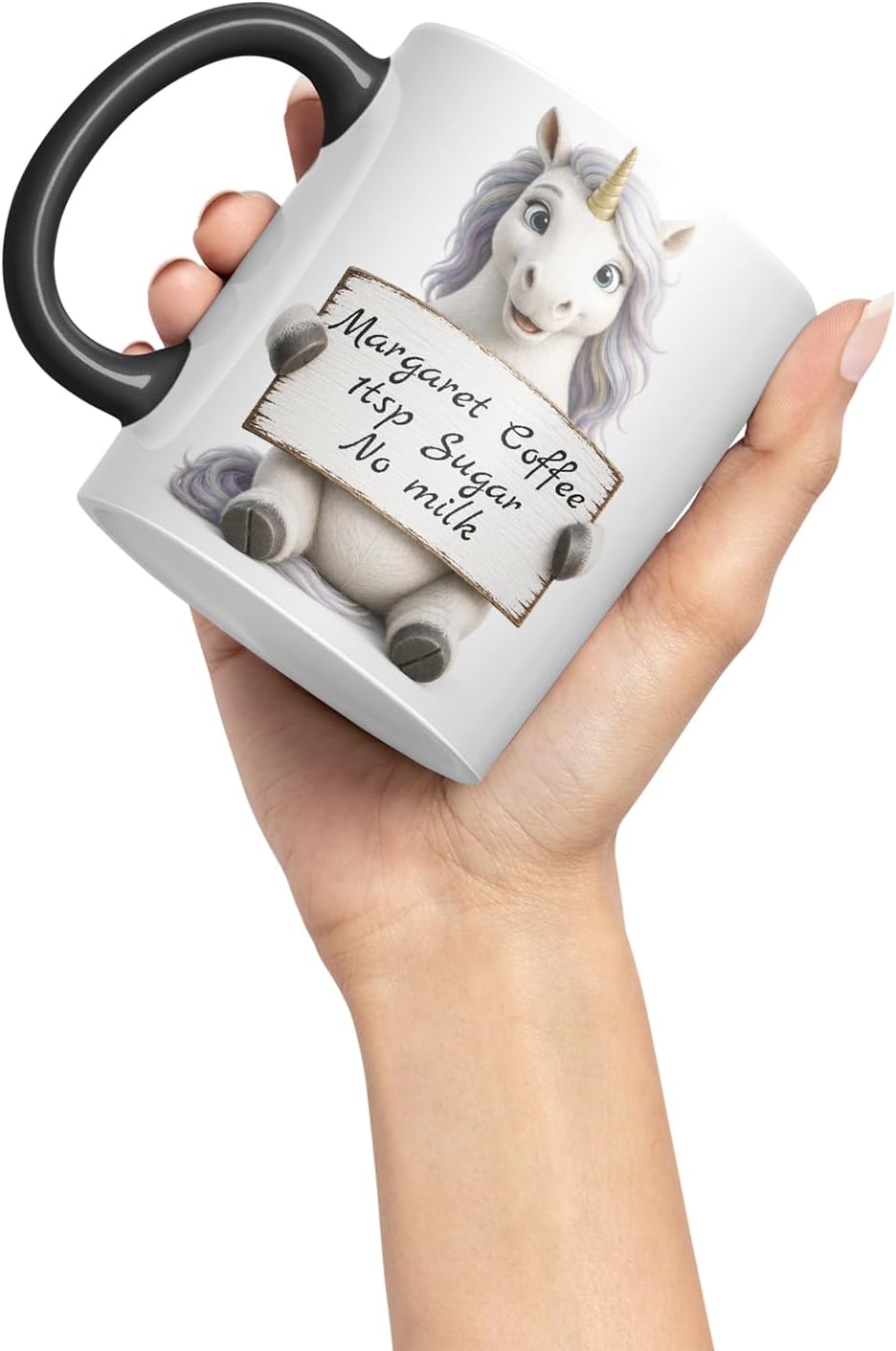 Vixar Personalised Rainbow Unicorn Mug with Name or Custom Message – Cute Animal Coloured Ceramic Mug Cup Gift, 11oz (Black)