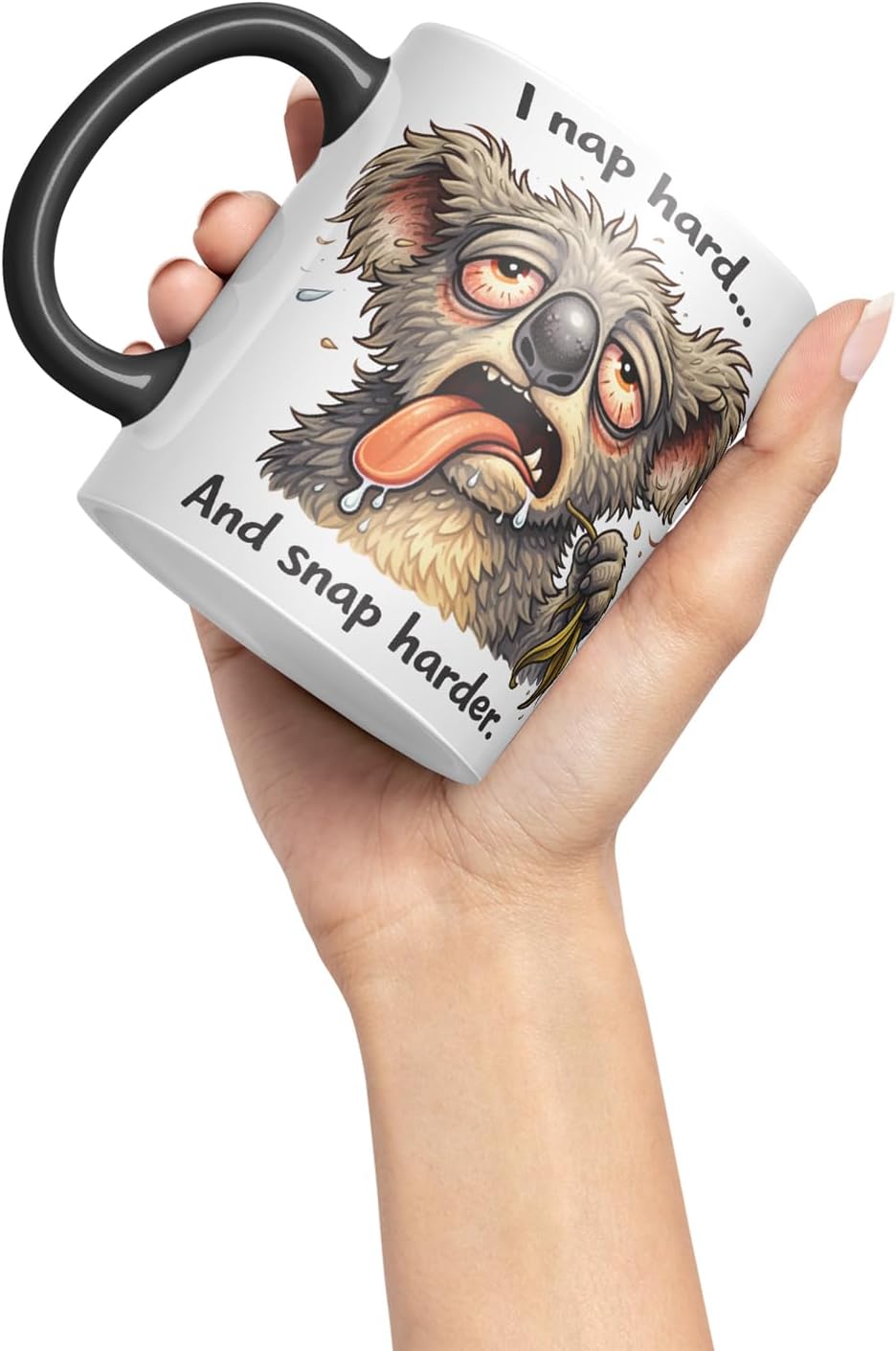 Vixar I Nap Hard and Snap Harder Funny Koala Mug – Coloured Ceramic Mug Cup Gift, 11oz (Black)